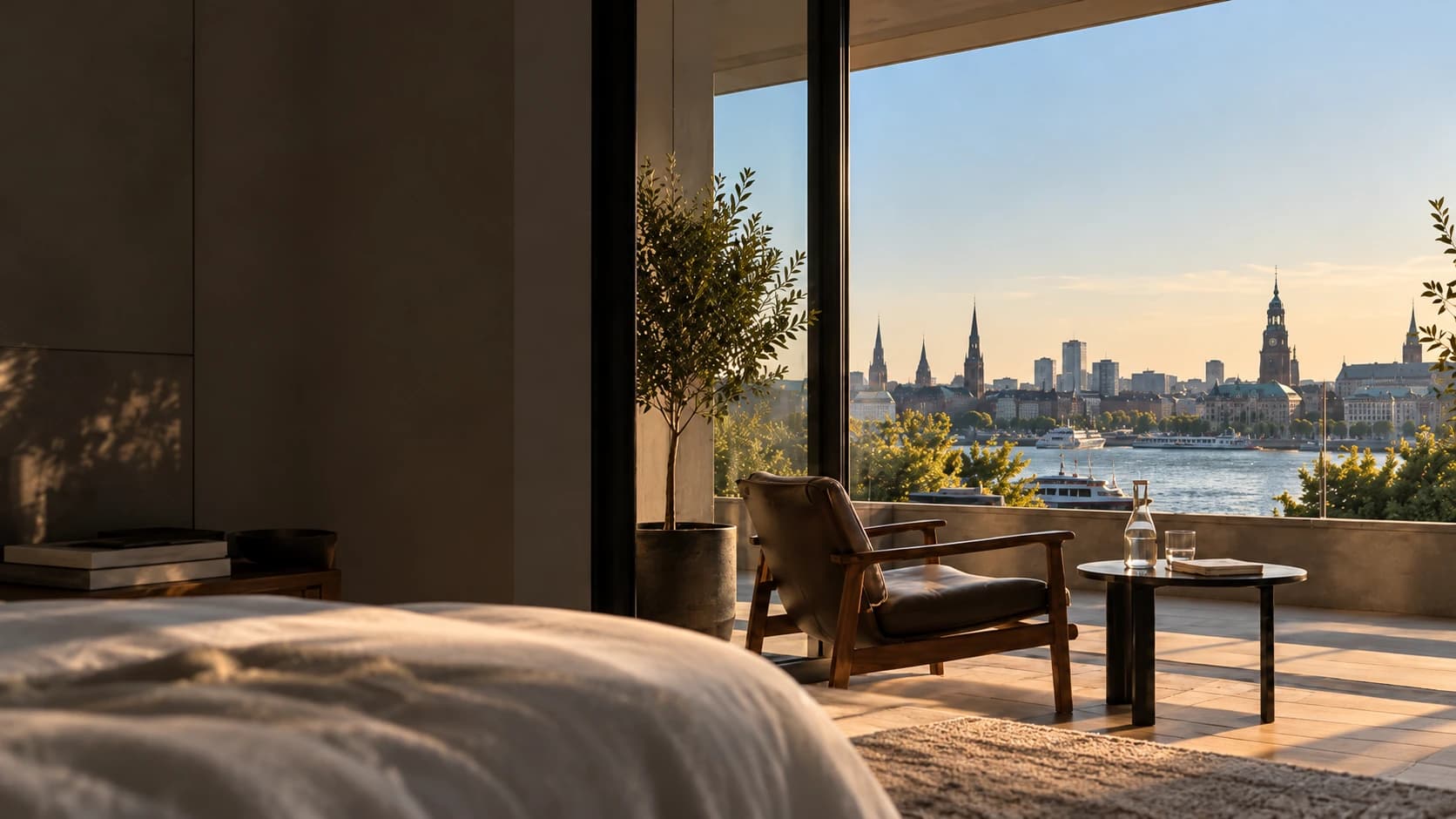 Symbolbild: ruhiges Hotelzimmer mit Sessel auf der Terrasse und Blick über das Wasser auf die Hamburger Innenstadt im Abendlicht (KI-generiert)