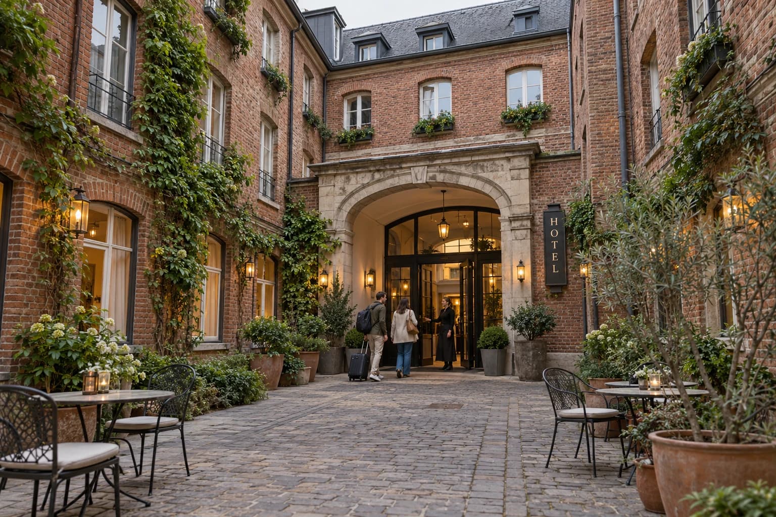 Symbolbild: Gastgeberin begrüßt zwei Gäste am Hoteleingang in einem grünen Backsteininnenhof eines fiktiven unabhängigen Hotels.